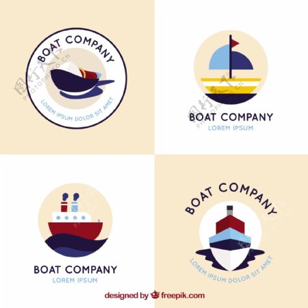 四个不同扁平风格的船圆形标志