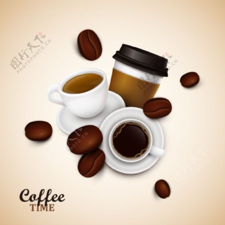 美味咖啡和咖啡豆矢量
