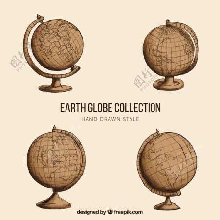 四个复古风格地球仪矢量图标素材