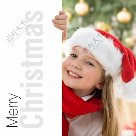 可爱圣诞节女孩与广告牌图片