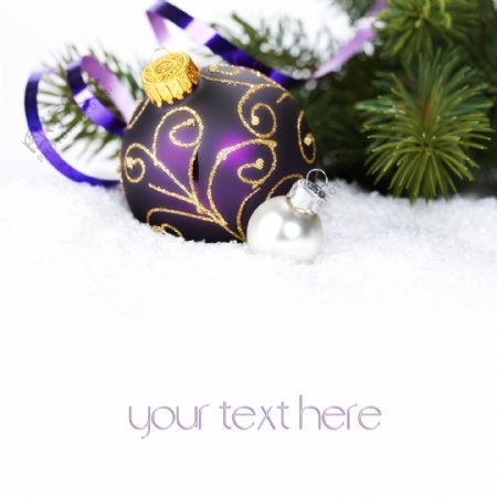 紫色圣诞球与松枝图片