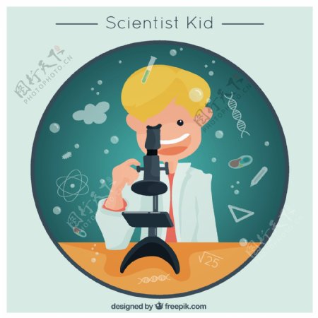 金发的孩子用他的显微镜