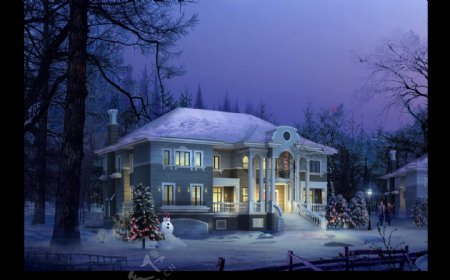 别墅雪景夜景圣诞冬季景观效果图分层psd源文件0008