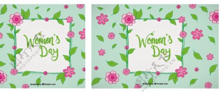 以粉红花朵和绿叶为背景的妇女节背景
