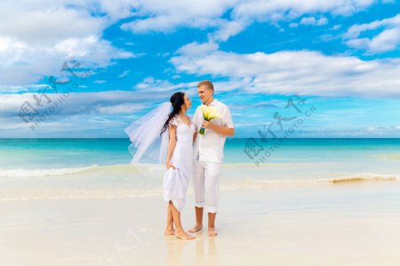 沙滩上的新人婚纱照图片