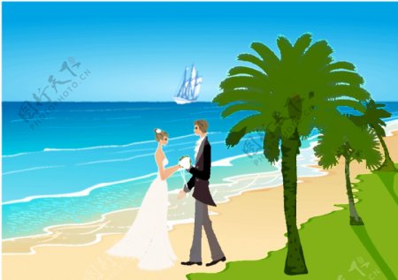 沙滩婚礼海边椰子树矢量人物
