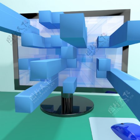 三维方计算机监视器显示的三维图形软件或插图