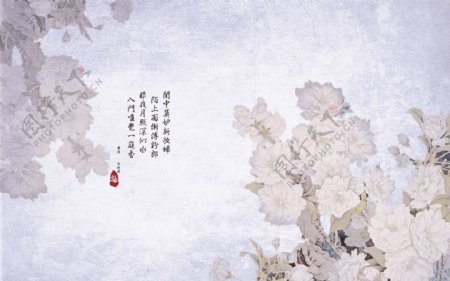 中国风白牡丹花写意画背景墙
