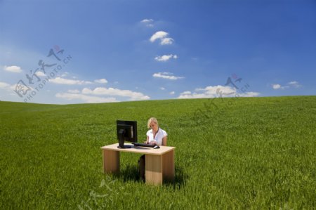 蓝天白云绿草地上玩电脑的外国女性图片