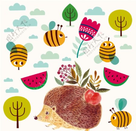 可爱水彩刺猬和蜜蜂矢量素材