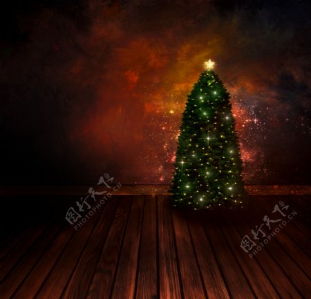梦幻圣诞树与木板图片