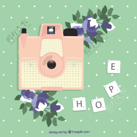 粉色相机和花卉剪贴画矢量图