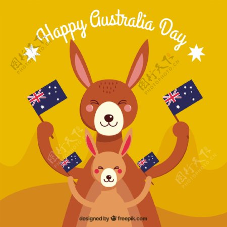 快乐的澳大利亚日面带微笑的袋鼠拿着旗子