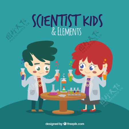 卡通科学家儿童与元素