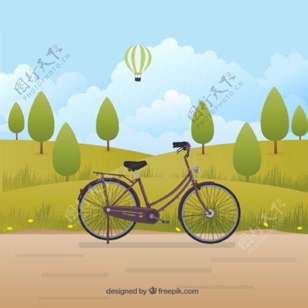 具有树木背景的景观中的复古自行车