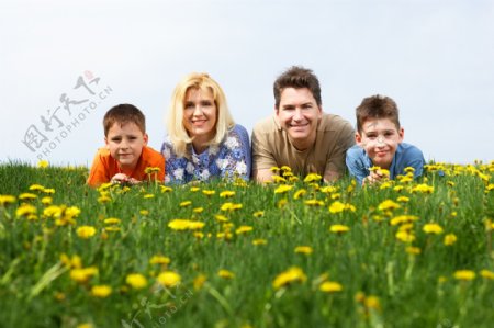 趴在草地里的外国快乐家庭图片