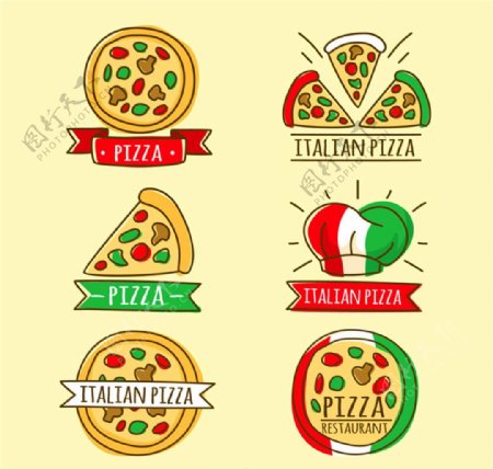 6款手绘意大利披萨标签矢量图