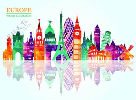 欧洲城市彩色模块剪影图