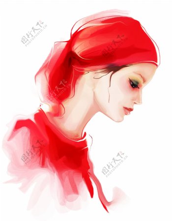 红色头巾美女插画图片