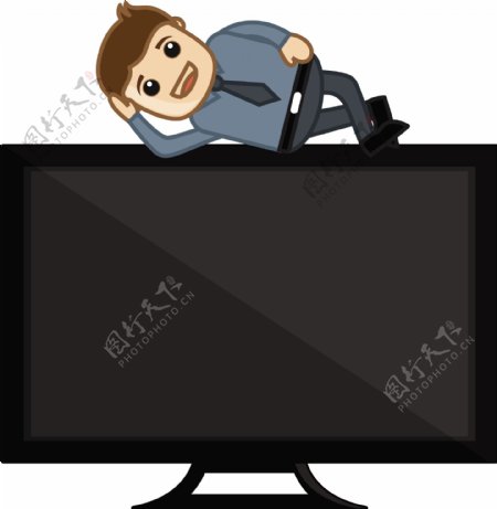 人躺在电视屏幕上的休闲概念的商业漫画