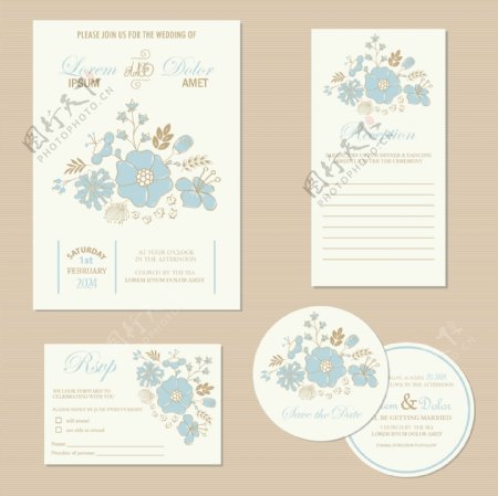 蓝色花朵婚礼卡片矢量素材