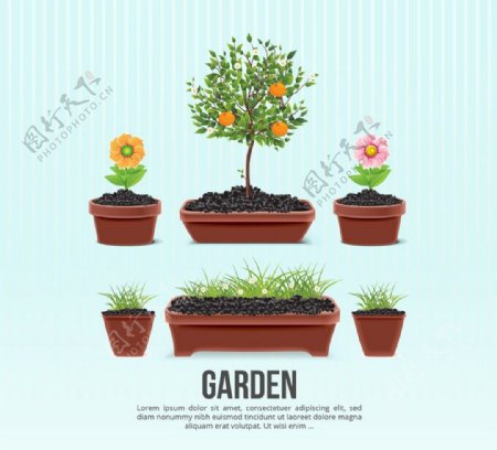 6款美丽花园盆栽矢量素材