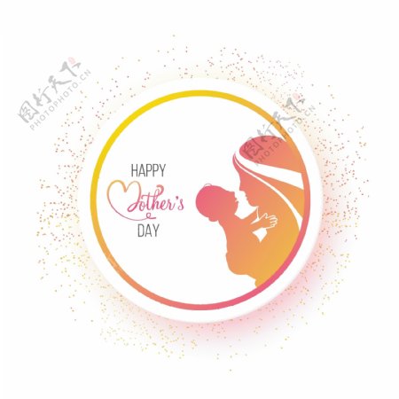 母亲节快乐贴纸标签或标签设计与母亲的爱她的婴儿剪影