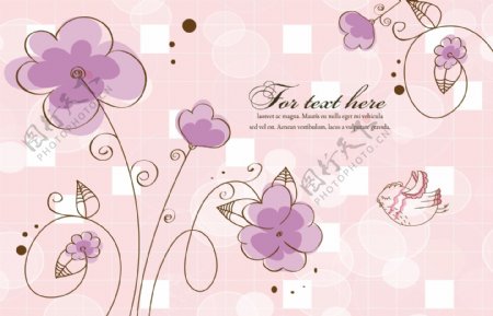 紫色卷曲花纹花朵和小鸟