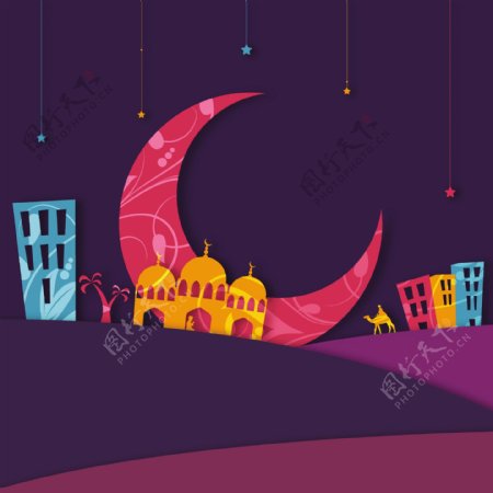 多彩的背景与清真寺和月亮为开斋节穆巴拉克