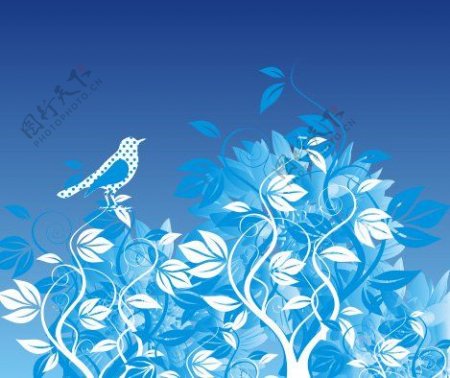 蓝色花树鸟背景
