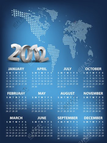 2012年蓝色背景日历
