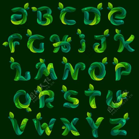 26个绿色树叶字母矢量素材图片