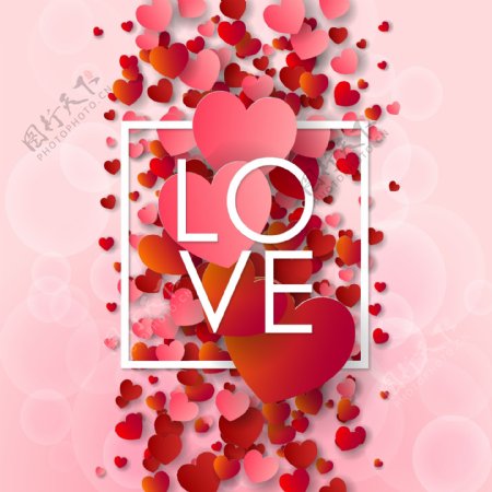 情人节框架与红色的心和粉色背景矢量图