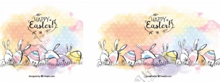 奇妙复活节背景与鸡蛋和兔子水彩画风格