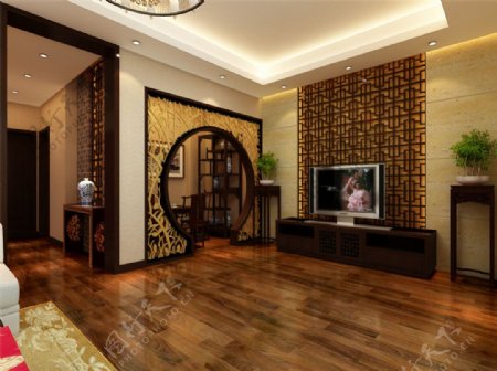 中式客厅3D模型室内装饰