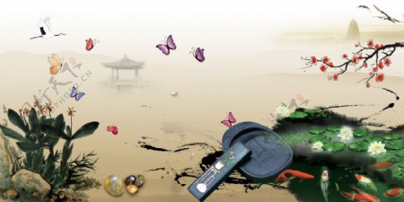 中国风古典水墨凤凰蝴蝶海报