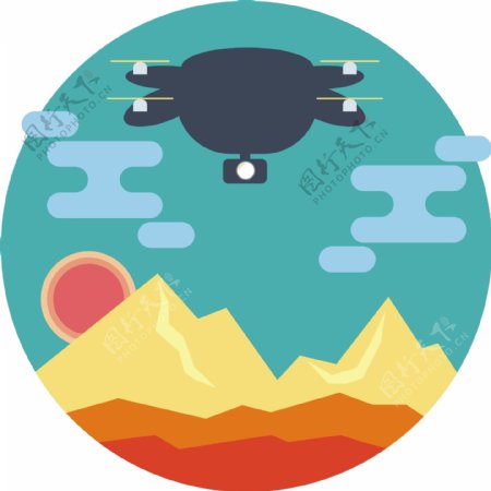 无人机和山峰景观圆形图标