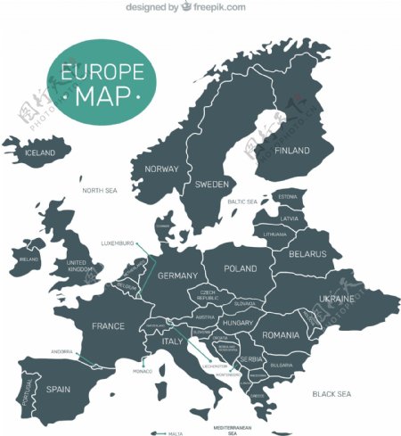 手绘扁平风格欧洲地图