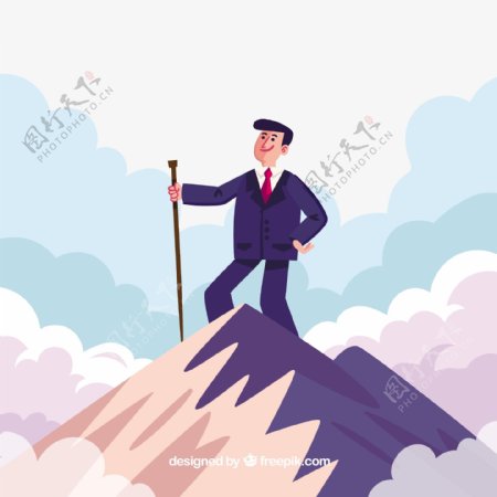 拄着拐杖的商业人士登山顶背景
