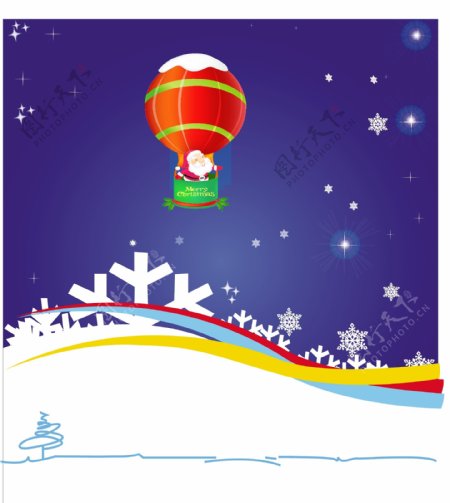 圣诞老人乘坐蓝色背景气球飞行