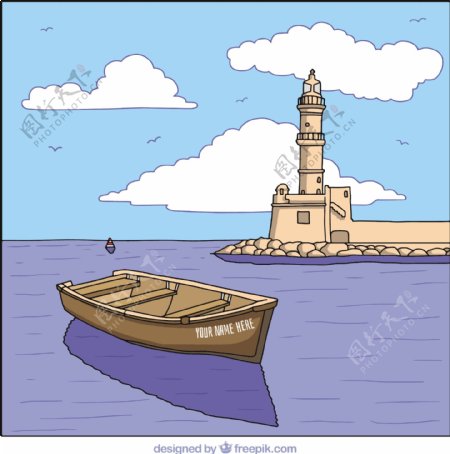 风景背景与手绘船和灯塔