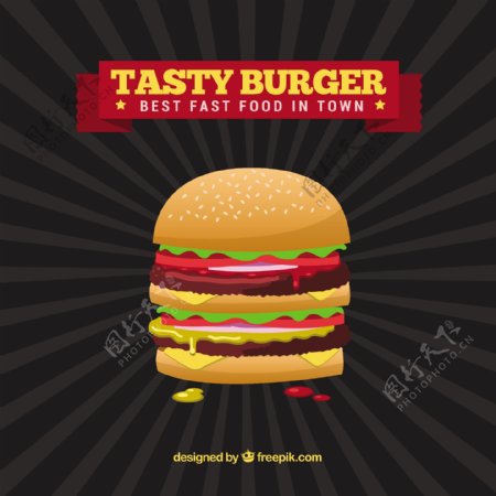 黑色背景与美味的汉堡平面设计背景