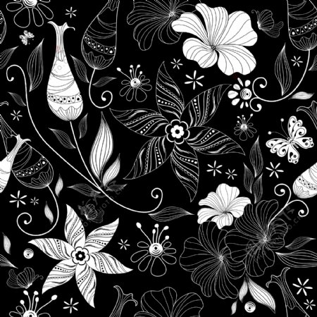 在黑色和白色的花卉图案和漩涡