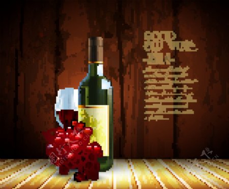 精美葡萄酒和木纹背景设计矢量图