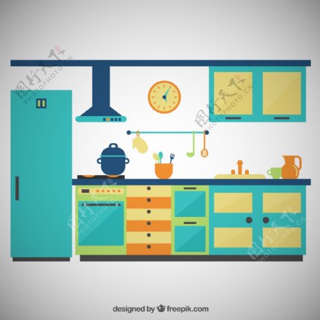 蓝绿色厨房设计矢量素材