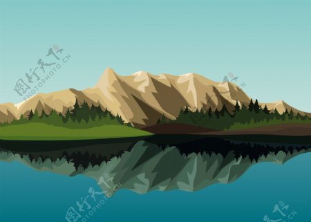 湖边的山峰风景插画
