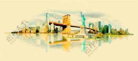 水彩绘美国城市建筑插画