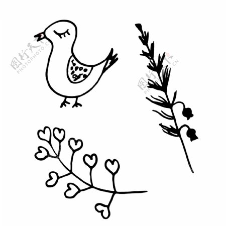 小鸟卡通手绘植物psd素材文件