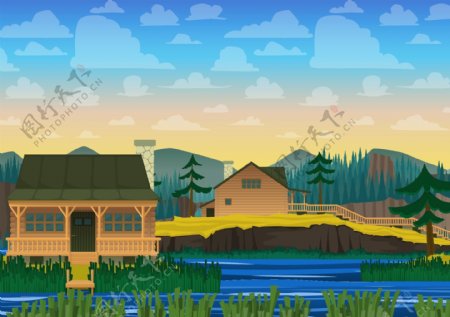 房子和自然风景背景插画