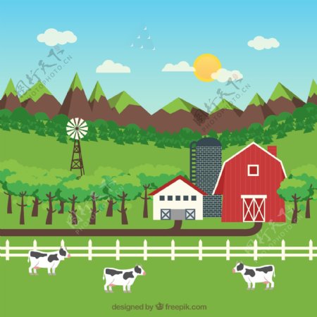山区农场风景和奶牛设计矢量素材